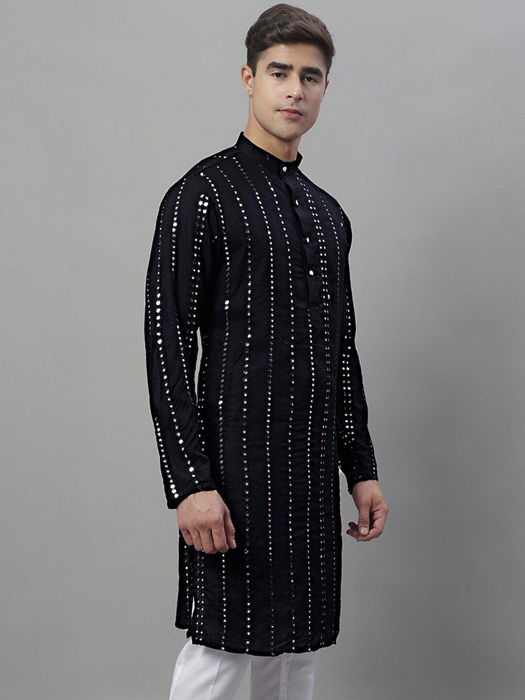 jompers striped band collar thread work straight kurta