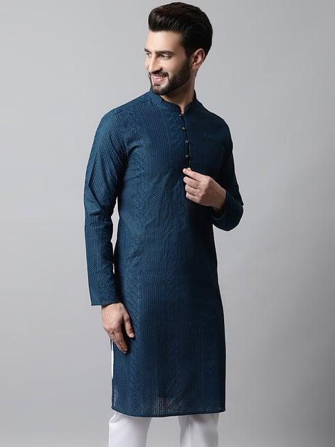 jompers teal blue regular fit embroidered cotton kurta