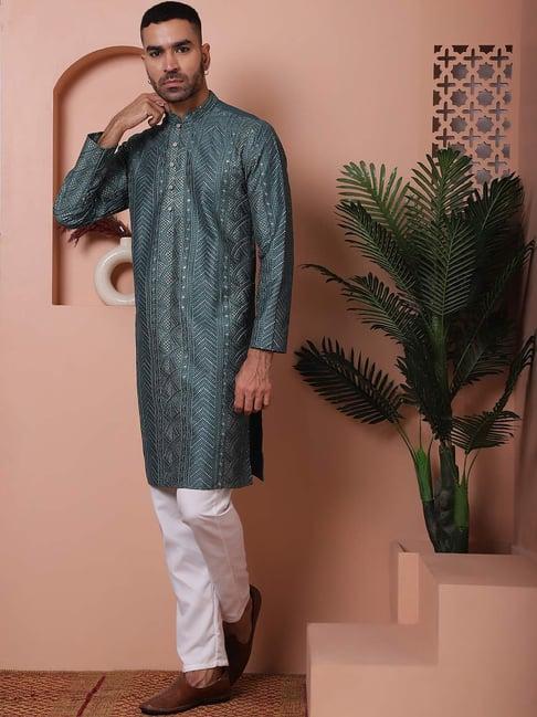 jompers teal ragular fit embroidered kurta bottom set