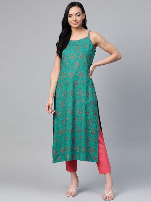 jompers turquoise floral print straight kurta