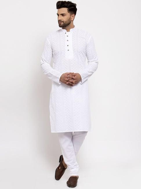 jompers white cotton regular fit embroidered kurta & churidar