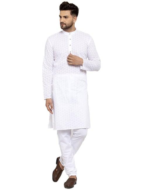 jompers white cotton regular fit embroidered kurta set