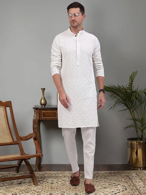 jompers white regular fit chikankari embroidered kurta & pyjamas set