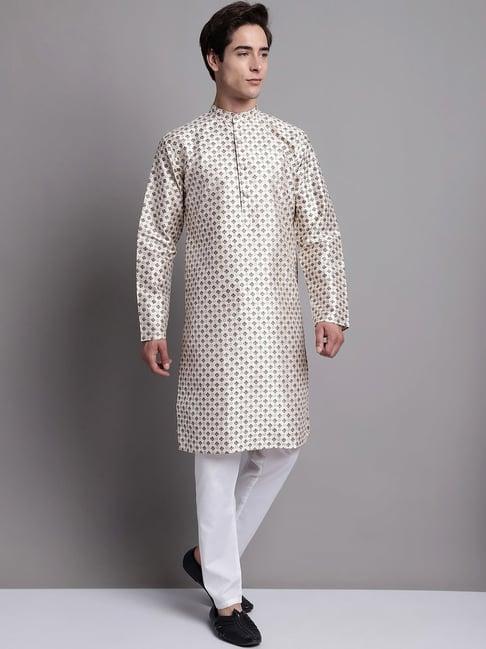 jompers white regular fit printed kurta & pyjamas set