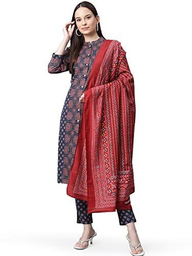 jompers women's printed kurta with pants and dupatta set. (blue, l)