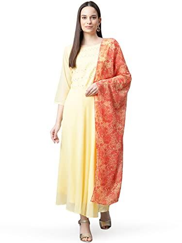 jompers women's sequence yok anarkali kurta pants & dupatta set. (yellow, m)