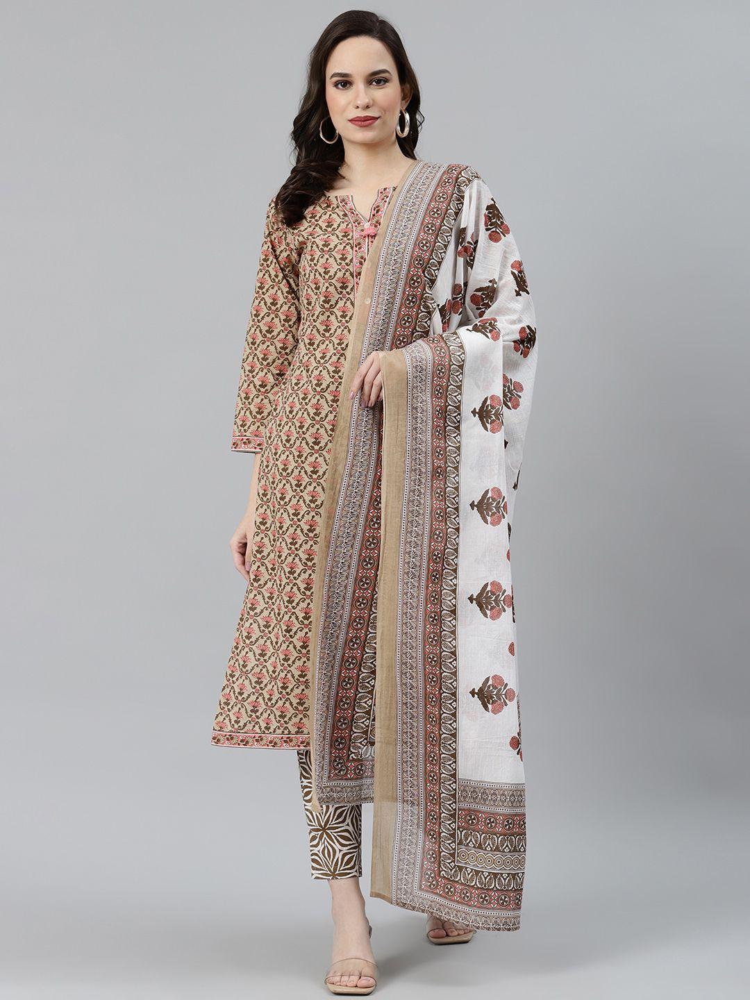 jompers women beige & pink block print pure cotton kurta with trousers & dupatta