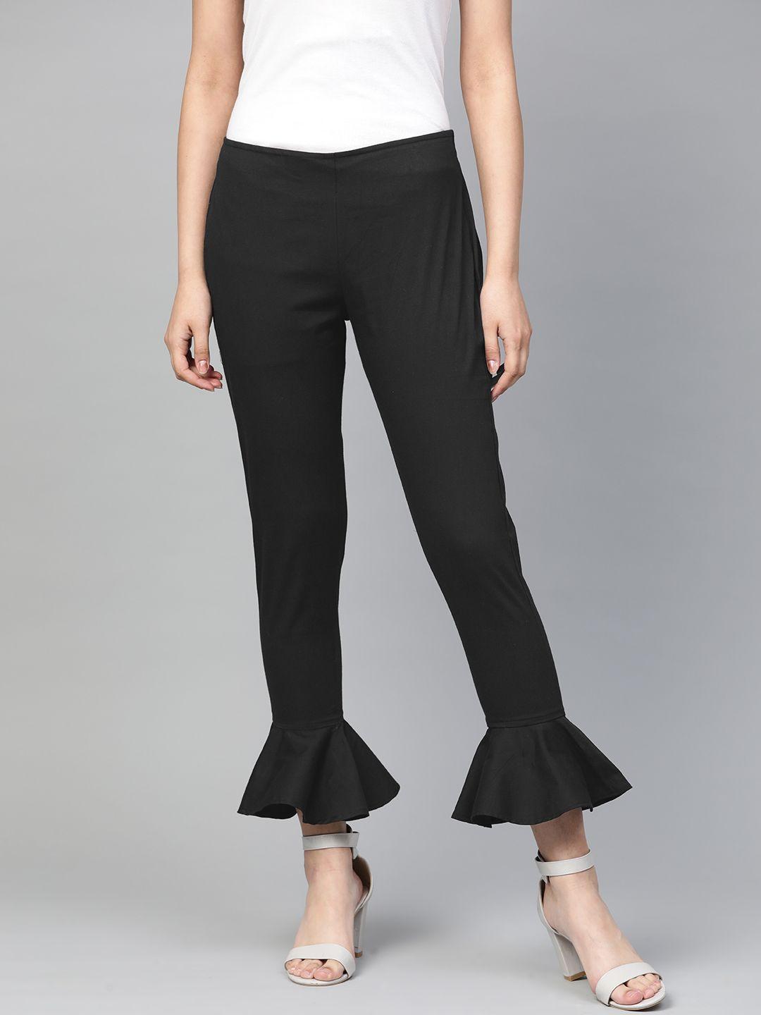 jompers women black smart slim fit solid trousers