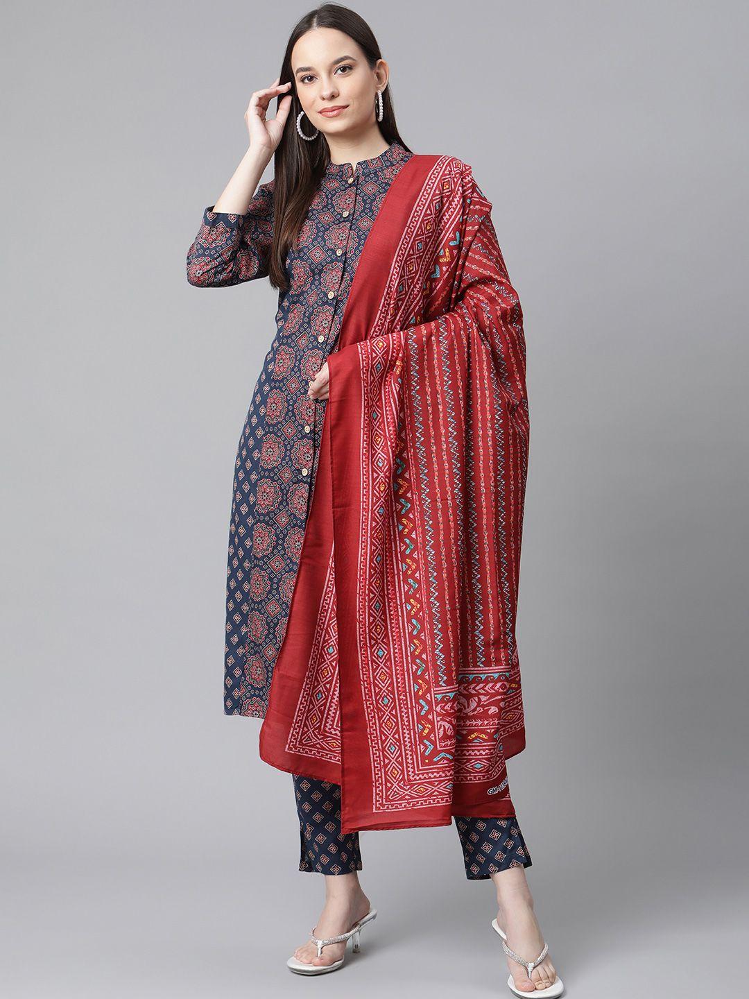 jompers women blue & maroon printed regular pure cotton kurta with trousers & with dupatta