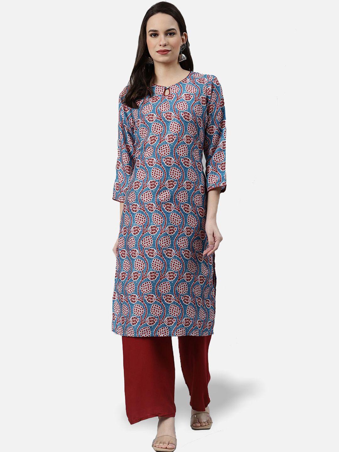 jompers women blue & red floral printed keyhole neck floral kurta