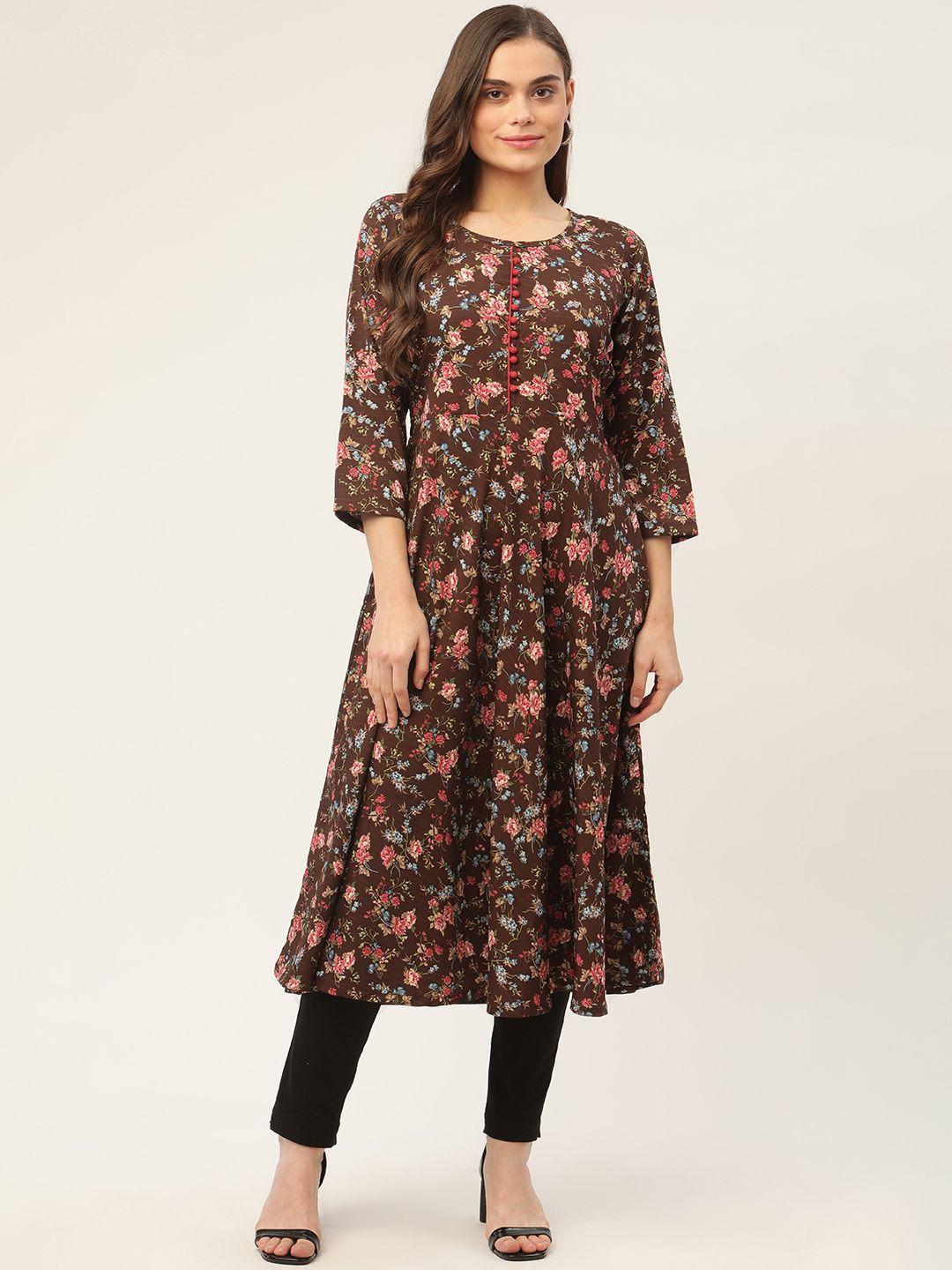 jompers women brown & coral orange floral printed kurta