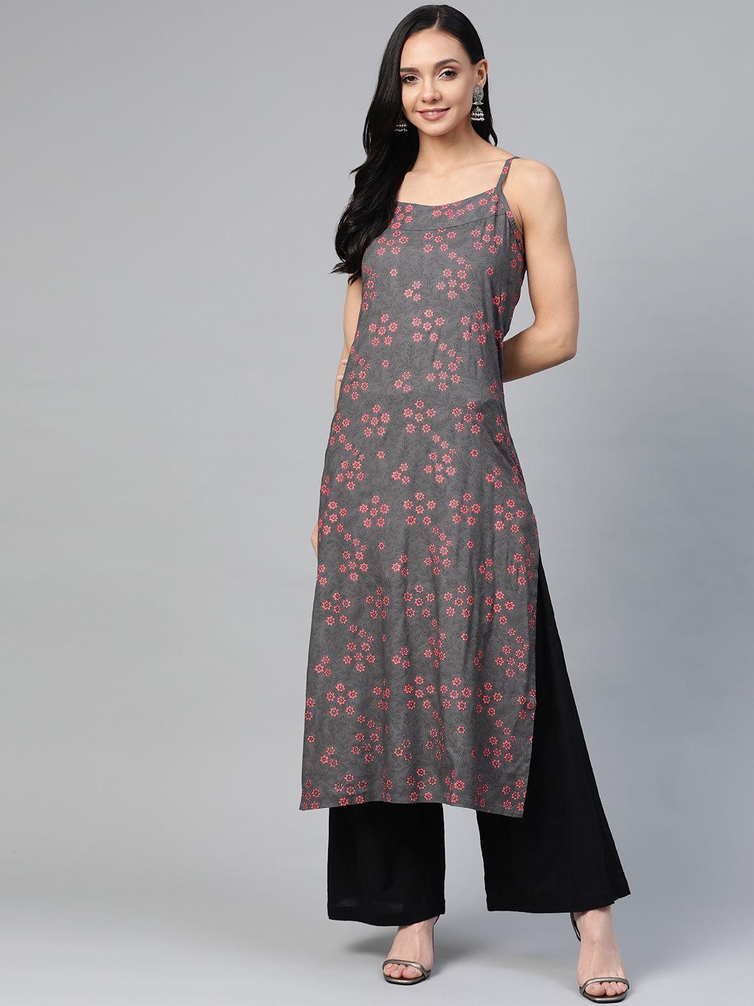 jompers women charcoal grey & pink printed straight kurta