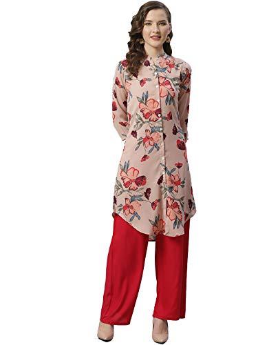 jompers women dusty pink & green floral printed a-line kurta (peach, m)