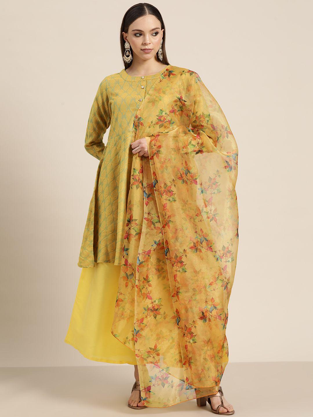 jompers women floral pleated dupion silk jacquard kurta with palazzos & dupatta