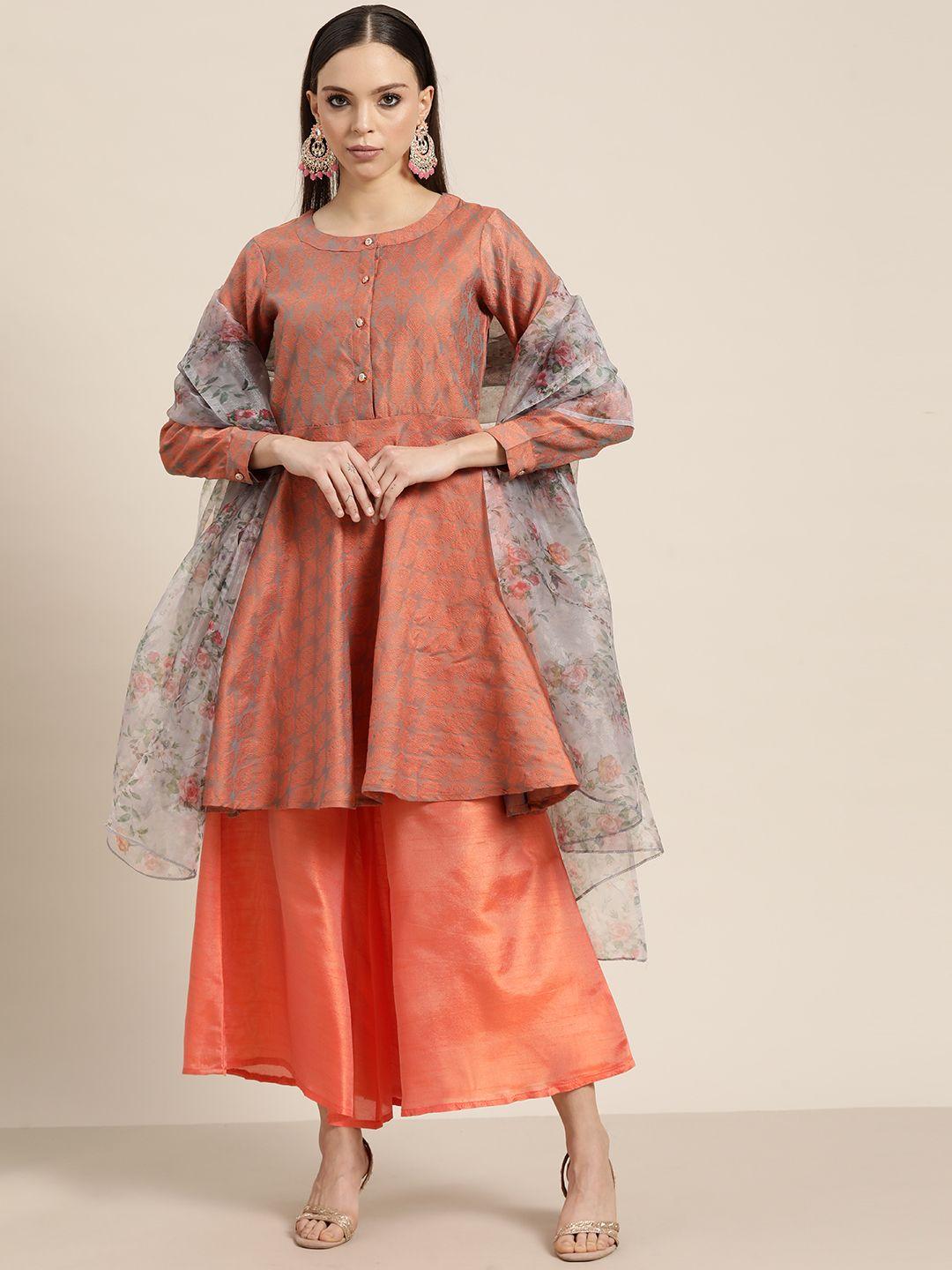 jompers women floral pleated jacquard dupion silk kurta with palazzos & dupatta