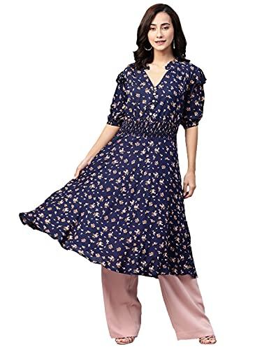 jompers women floral print flared kurta (blue_m)