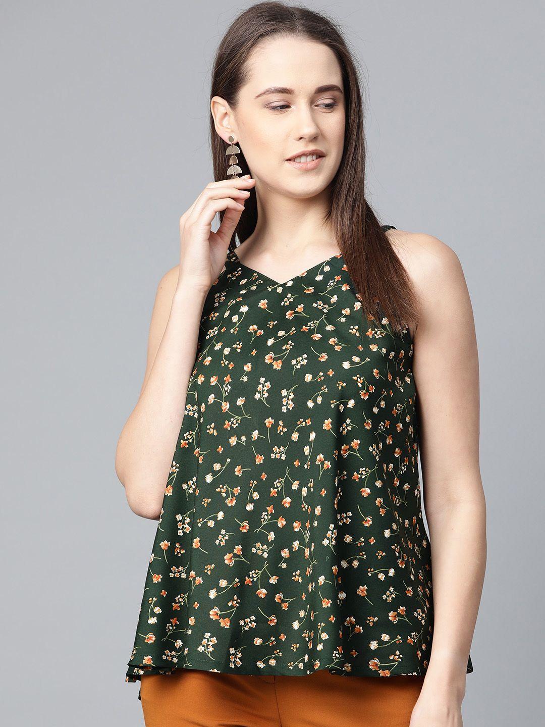 jompers women green & brown floral print a-line top