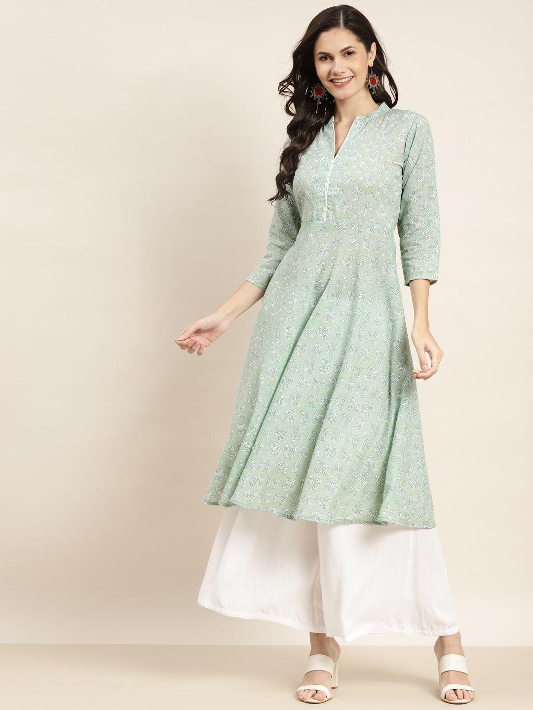 jompers women green & off white ethnic motifs printed anarkali cotton kurta