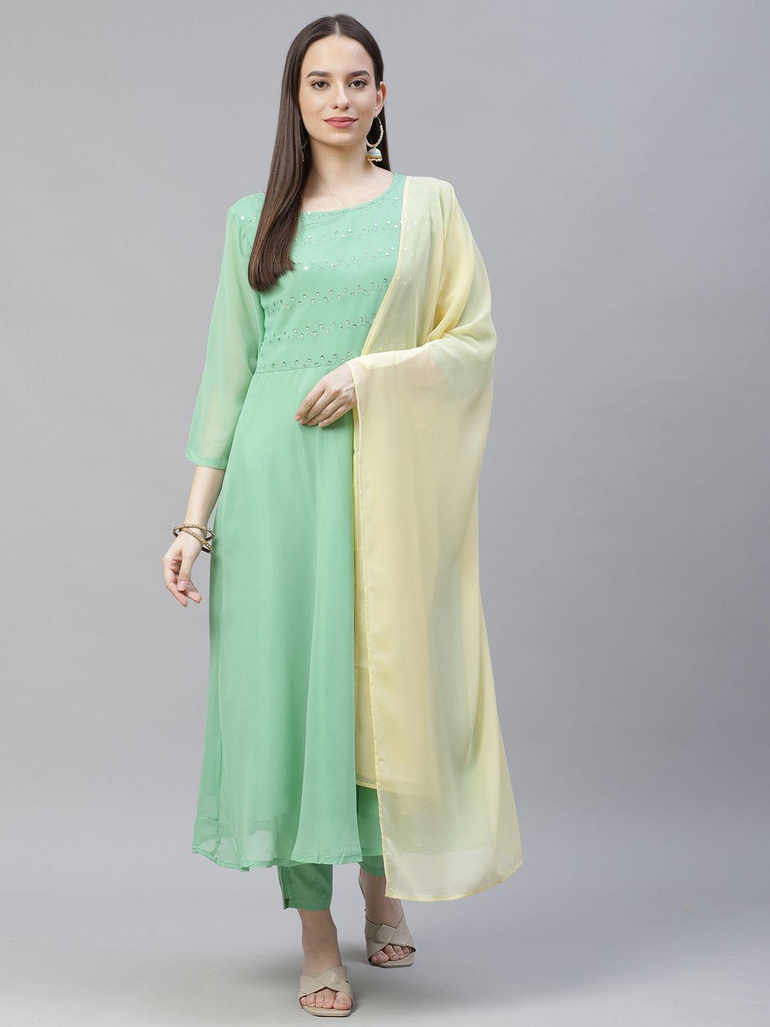 jompers women green & yellow embroidered regular sequinned kurta with trousers & dupatta