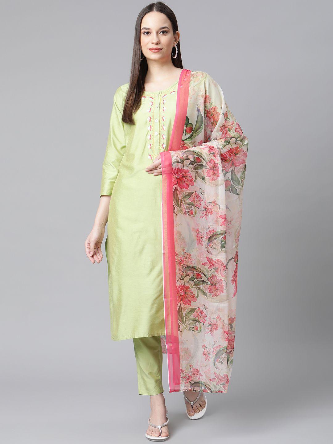 jompers women green embroidered regular kurta with trousers & with dupatta
