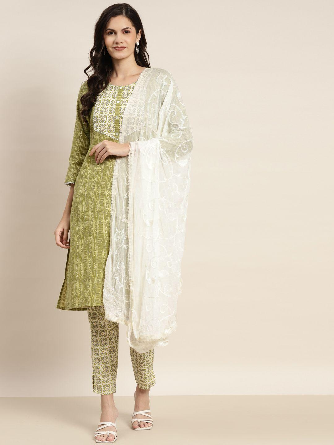 jompers women green ethnic motifs printed pure cotton kurta with trousers & dupatta