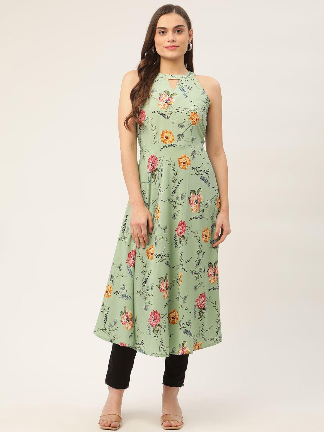 jompers women green floral print anarkali kurta