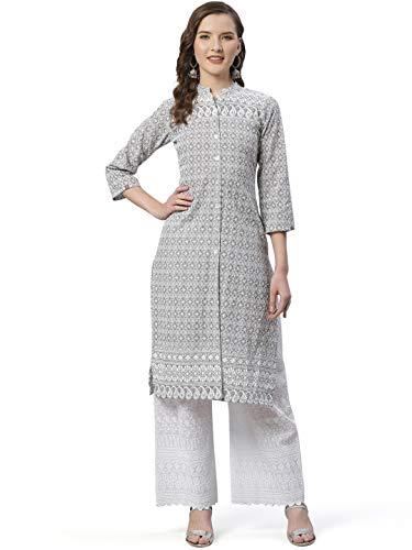 jompers women grey & white chikankari embroidered kurta (grey, m)