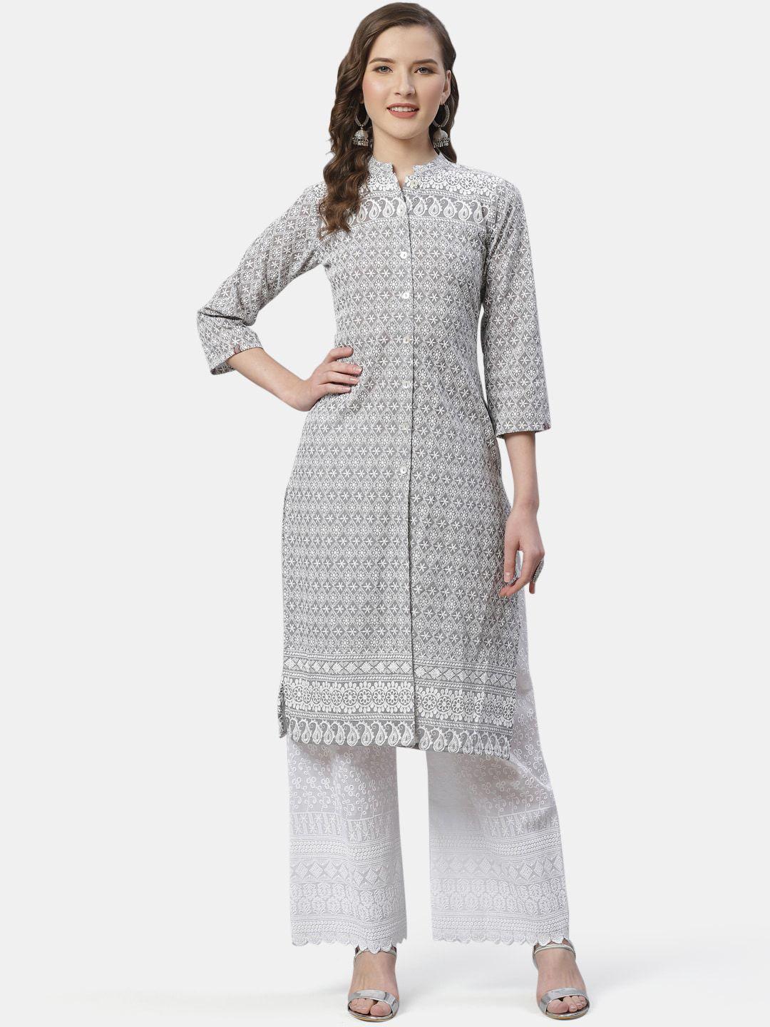 jompers women grey & white embroidered a-line kurta