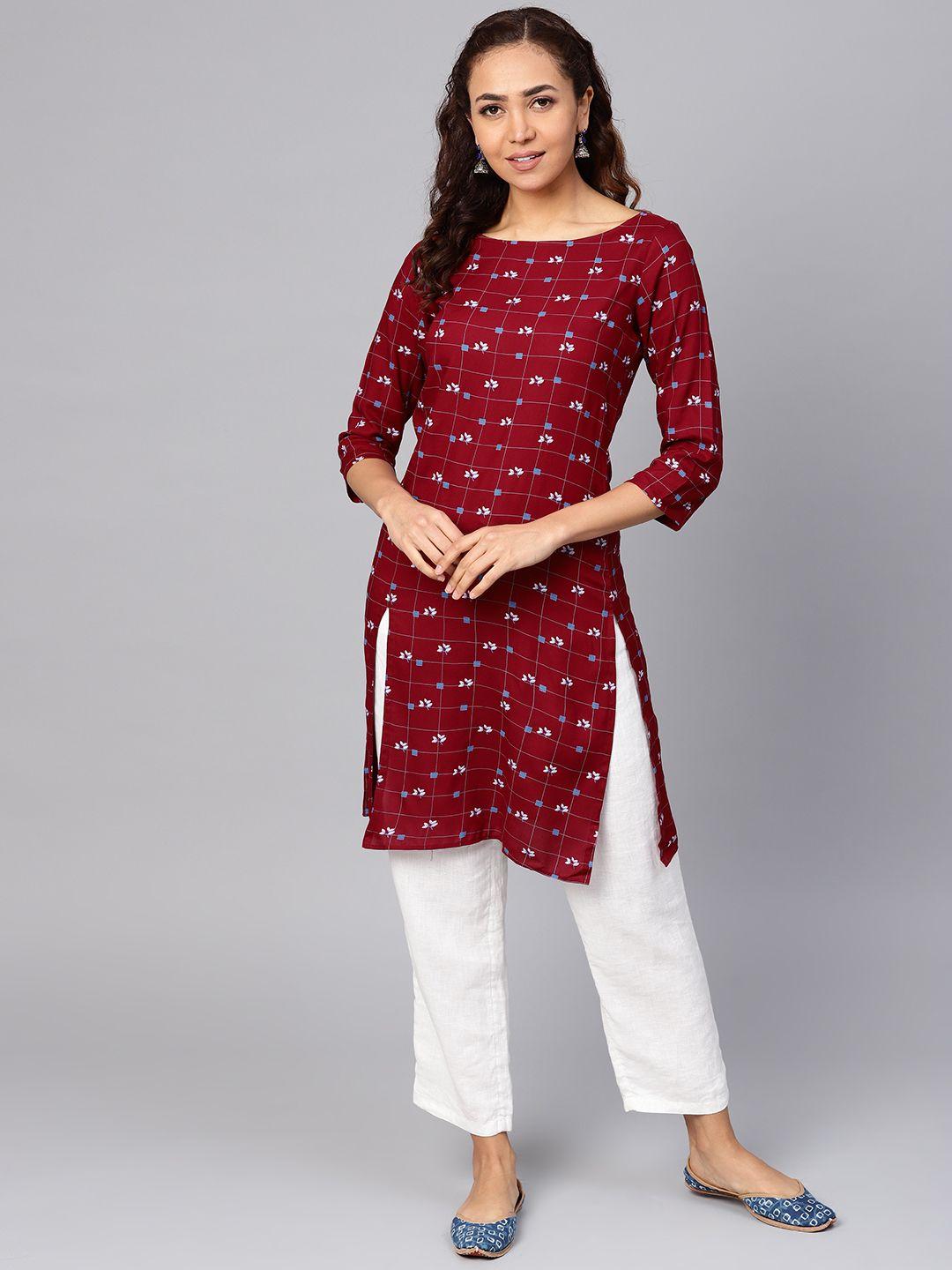 jompers women maroon & blue floral printed straight kurta