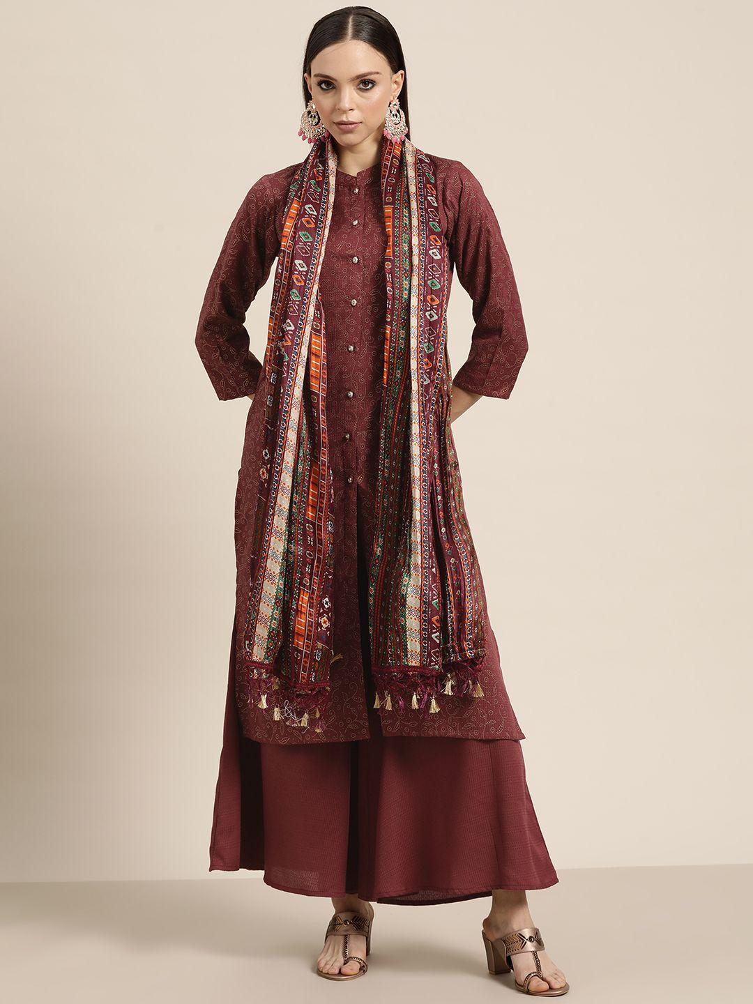 jompers women maroon floral embroidered mukaish kurta with palazzos & dupatta