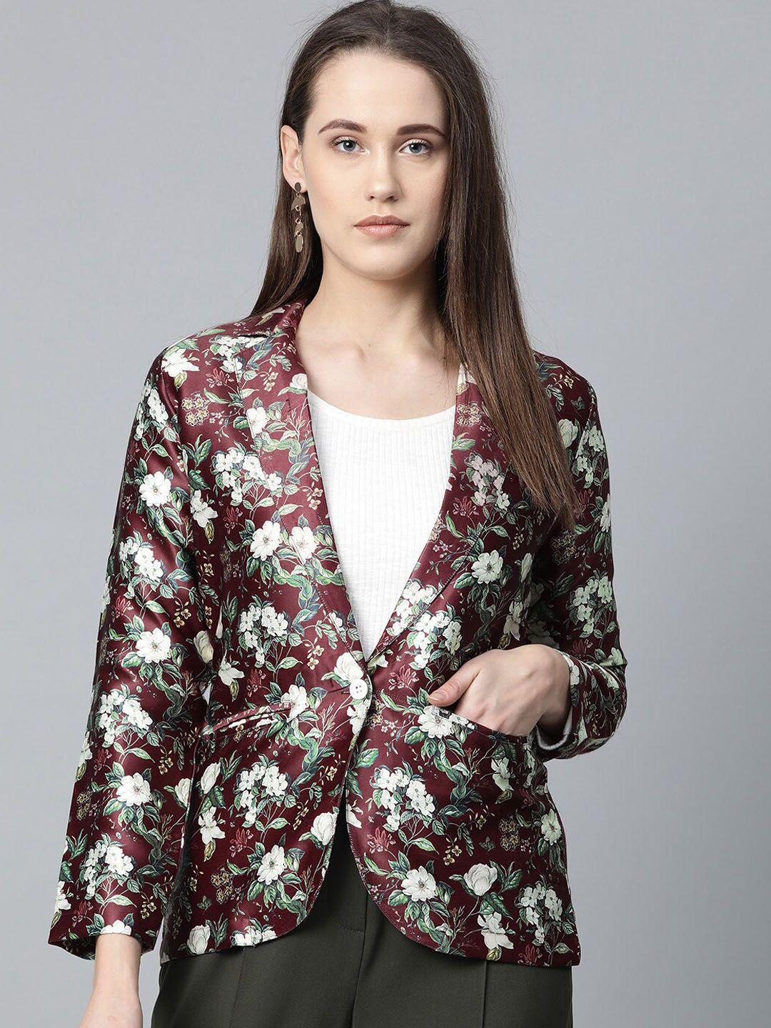 jompers women maroon printed pure satin single-breasted blazer