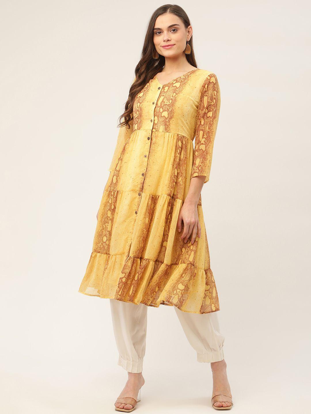 jompers women mustard yellow & brown tiger printed georgette kurta