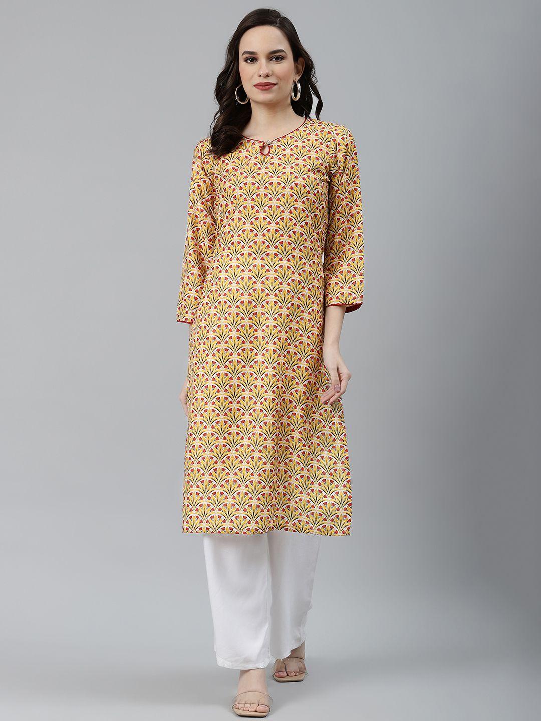 jompers women mustard yellow & red ethnic motifs printed keyhole neck kurta