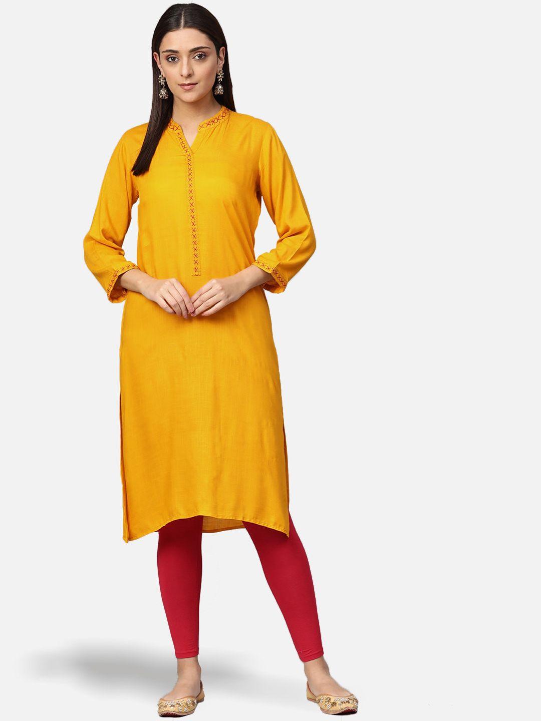 jompers women mustard yellow keyhole neck thread work kurta