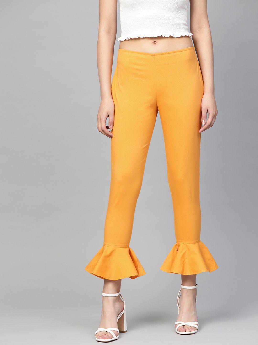 jompers women mustard yellow smart slim fit solid regular trousers