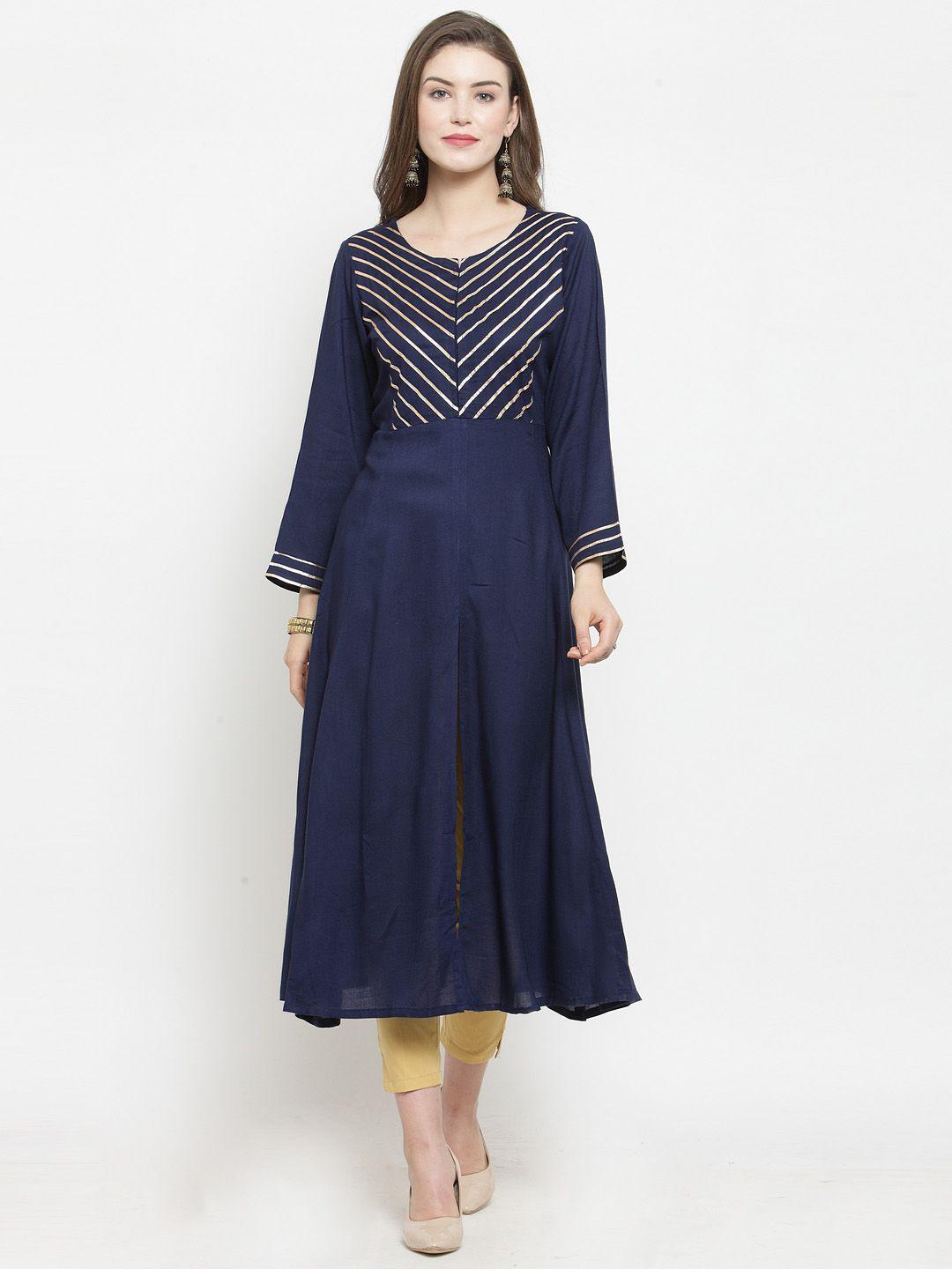 jompers women navy blue solid a-line kurta