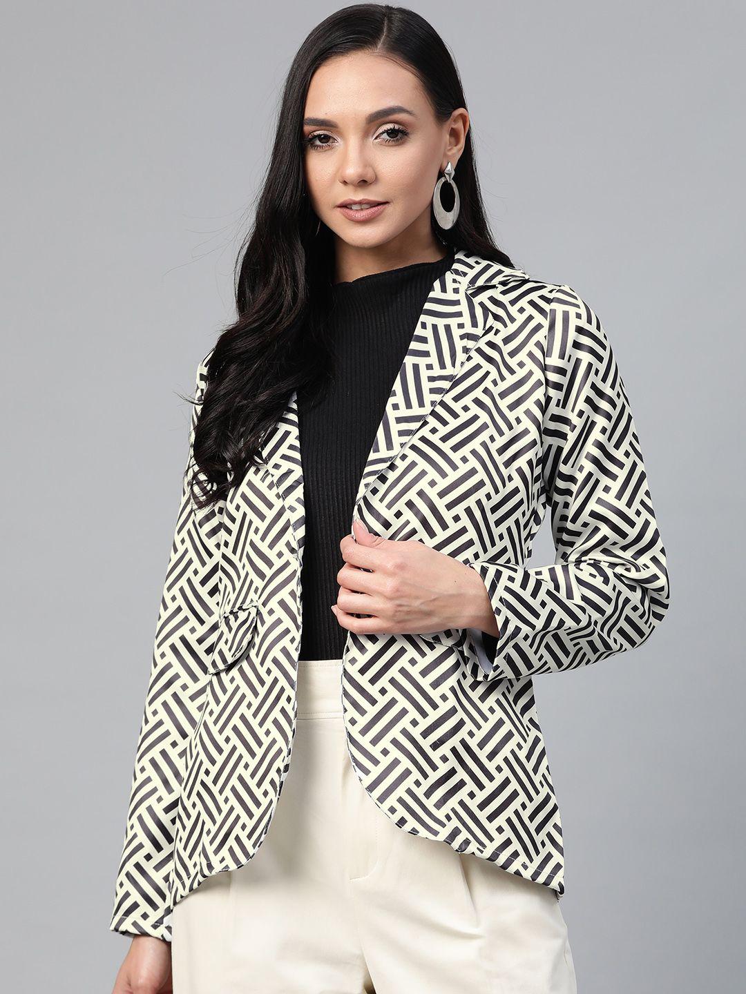 jompers women off-white and black satin printed smart casual blazer