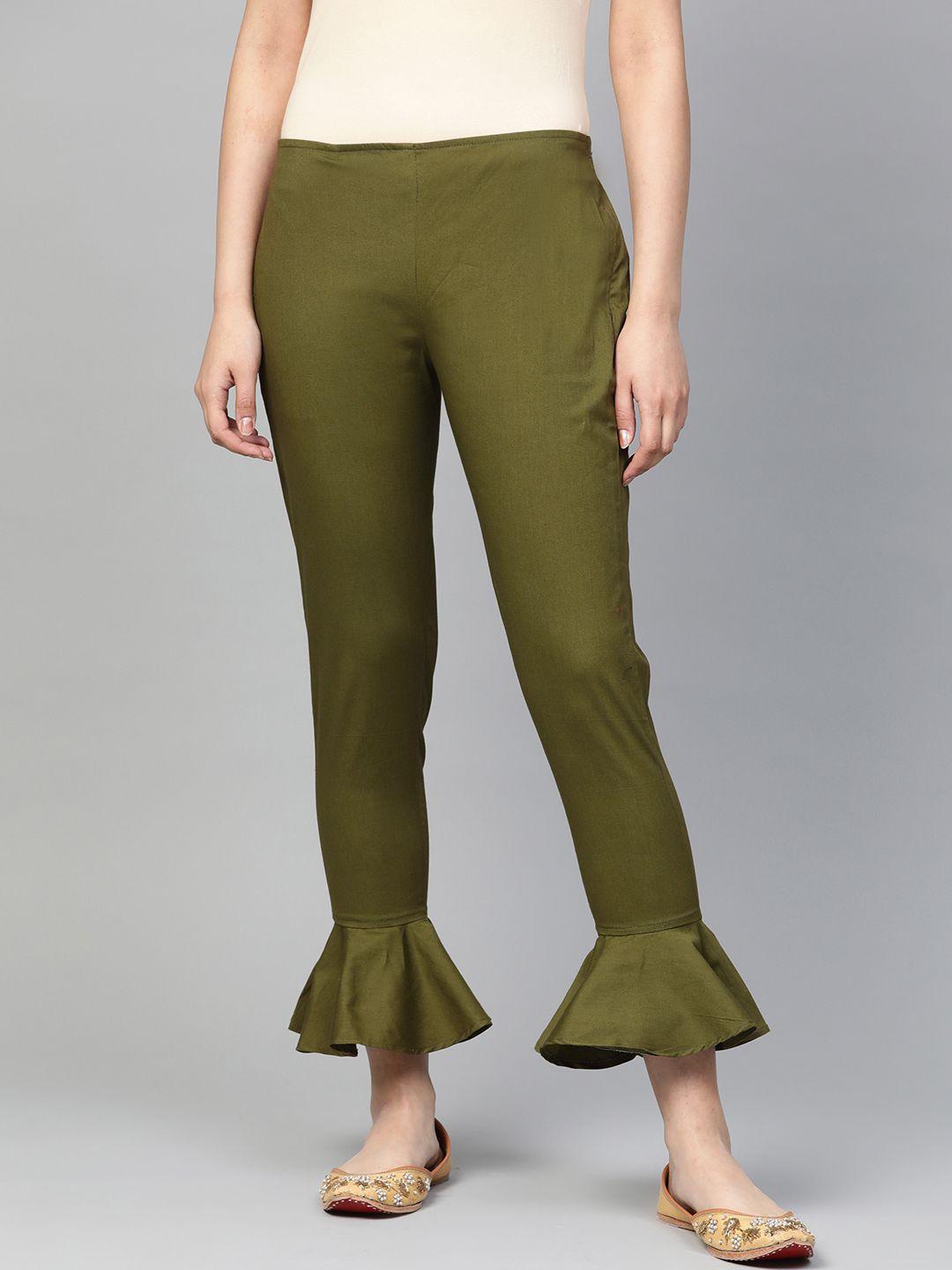 jompers women olive green smart slim fit solid trousers