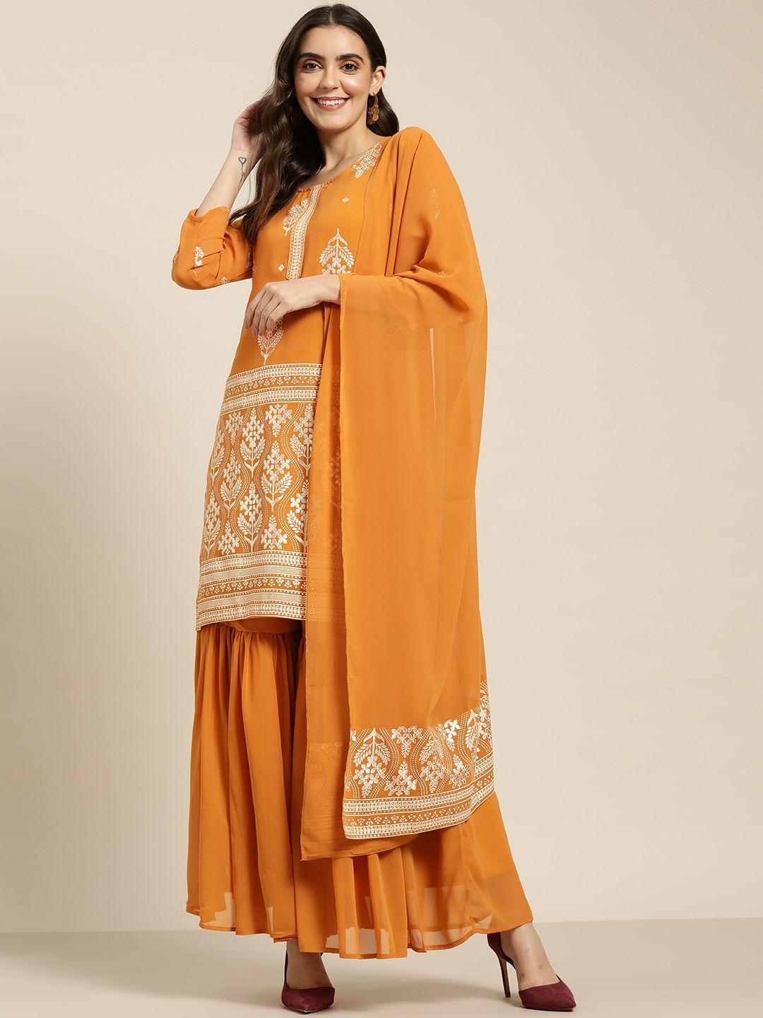jompers women orange & silver ethnic motifs foil printed straight kurta sharara dupatta