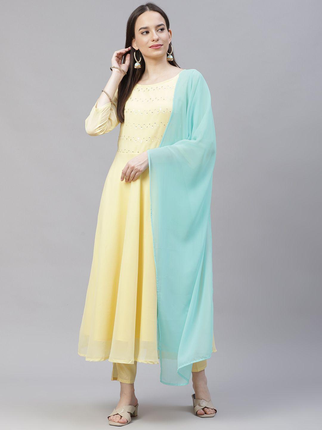 jompers women yellow embroidered regular sequinned kurta with trousers & dupatta