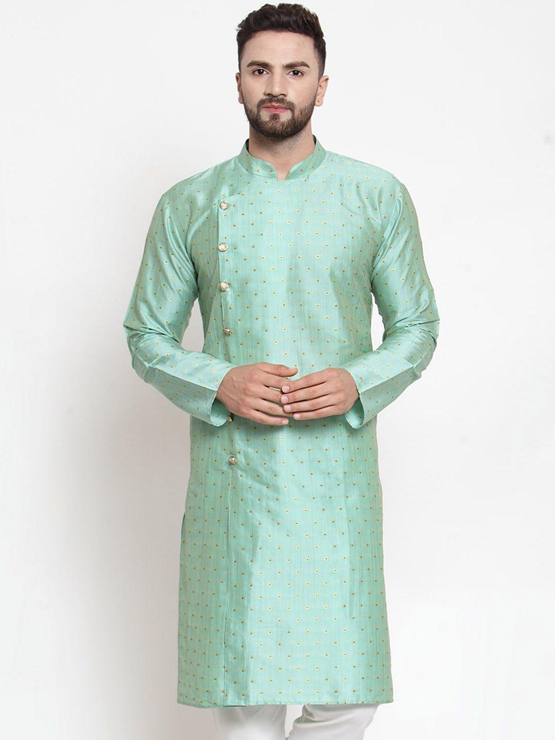 jompers woven design mandarin collar zari silk cotton angrakha kurta