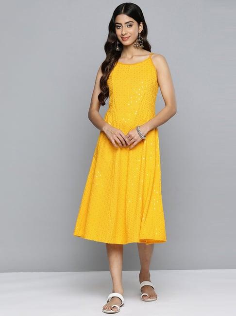 jompers yelllow embroidered a-line dress