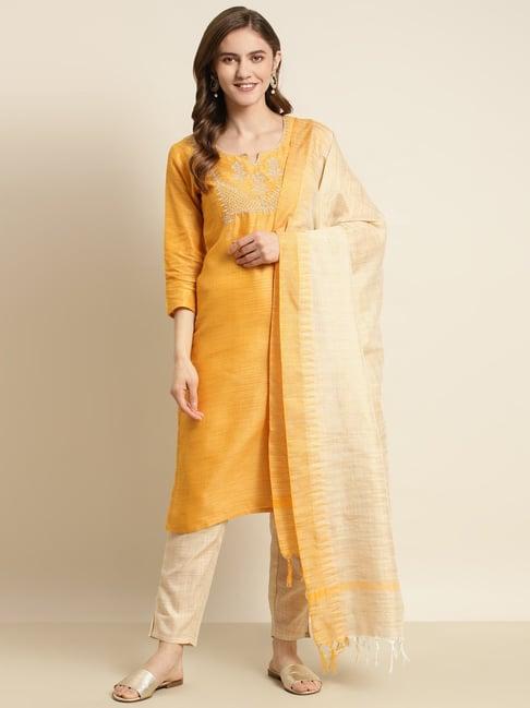 jompers yellow & off-white embroidered kurta pant set with dupatta
