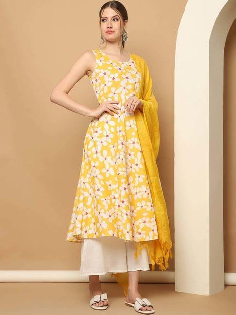 jompers yellow & white printed kurta palazzo set with dupatta