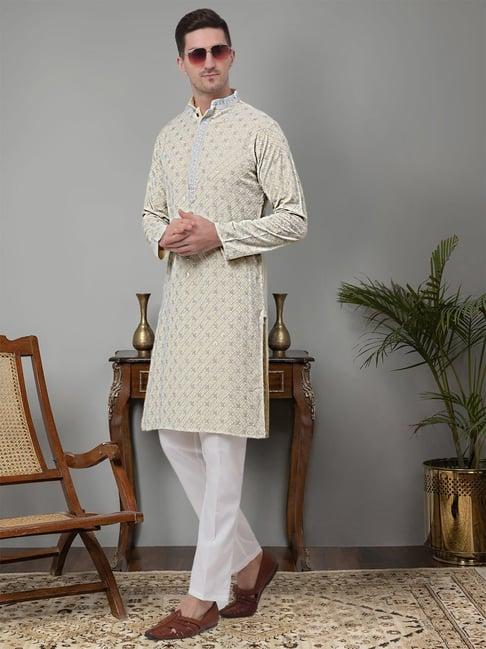 jompers yellow & white regular fit chikankari embroidered cotton kurta & pyjamas set