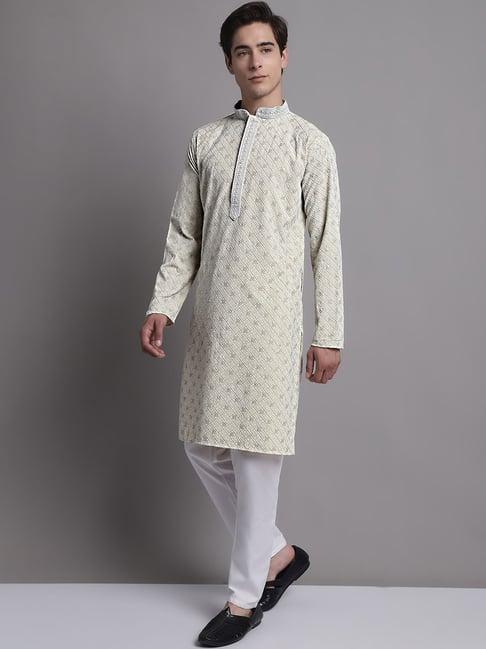 jompers yellow & white regular fit cotton kurta & pyjamas set