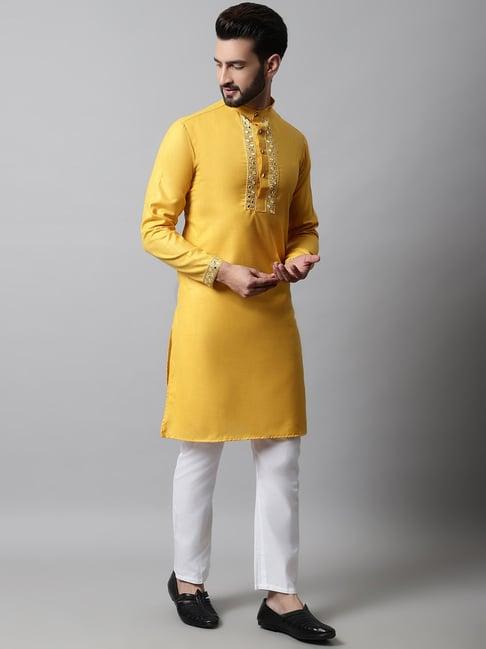 jompers yellow & white regular fit cotton kurta & pyjamas set