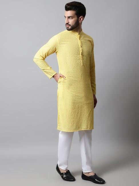 jompers yellow & white regular fit cotton kurta & pyjamas set