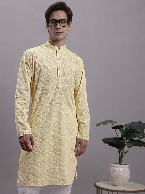 jompers yellow cotton regular fit chikankari kurta