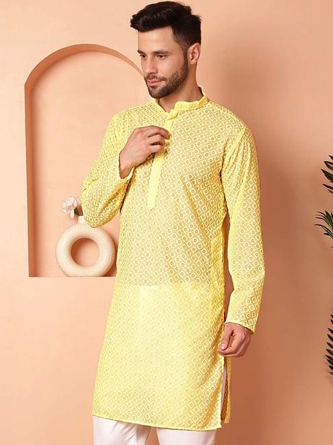 jompers yellow cotton regular fit chikankari kurta